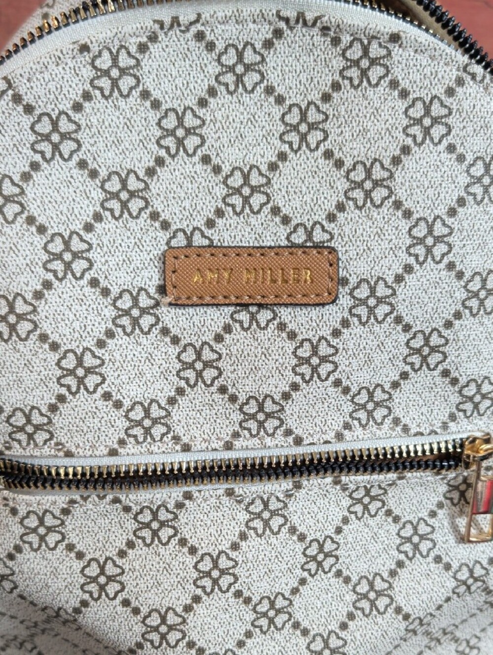 Cream Patterned Mini Backpack with Tan Trim - Picture 2 of 4